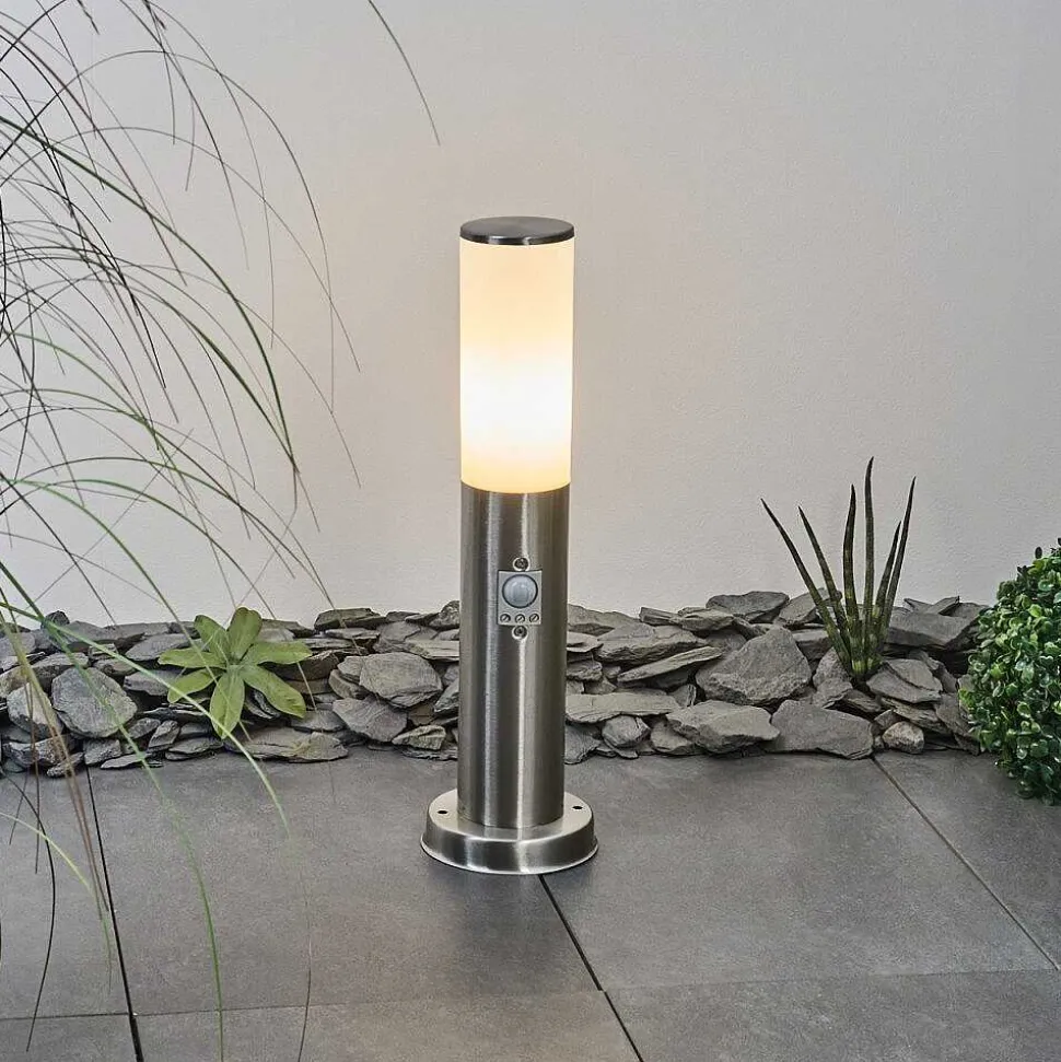 Borne Lumineuse Caserta Nickel Mat, Blanc, 1 Lumiere, Detecteur De Mouvement