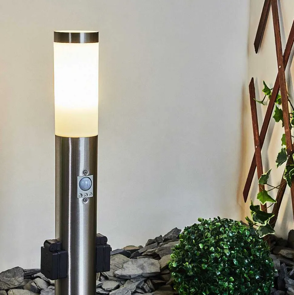 Borne Lumineuse Gaborone Led Nickel Mat, 1 Lumiere, Detecteur De Mouvement
