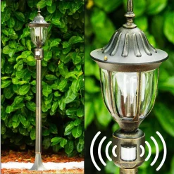 Borne Lumineuse Ribadeo Noir Dore, 1 Lumiere, Detecteur De Mouvement