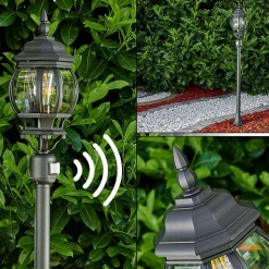 Lampadaire Exterieur Lentua Noir, 1 Lumiere, Detecteur De Mouvement