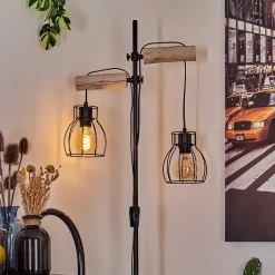 Lampadaire Gondo Bois Clair, Noir, 2 Lumieres