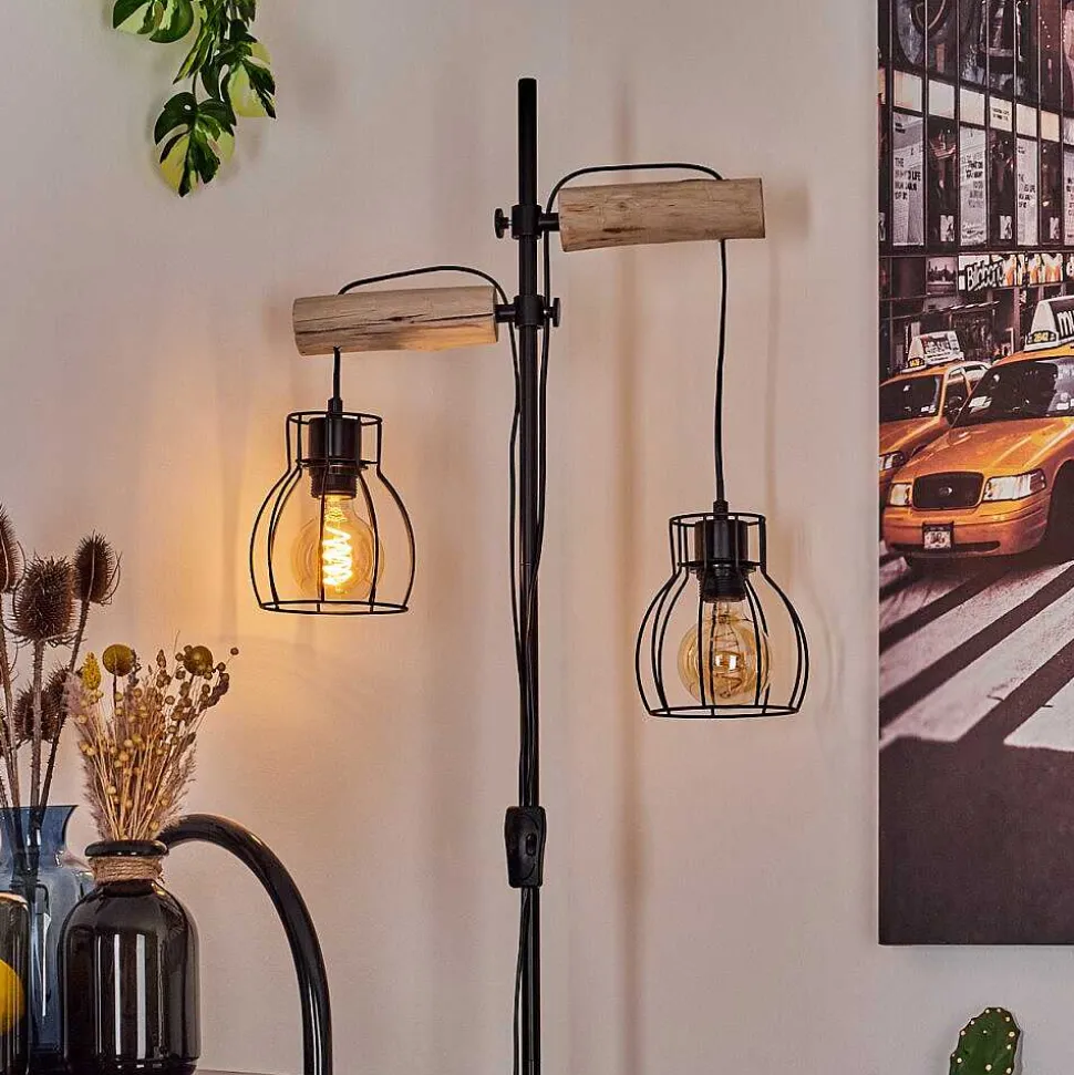 Lampadaire Gondo Bois Clair, Noir, 2 Lumieres