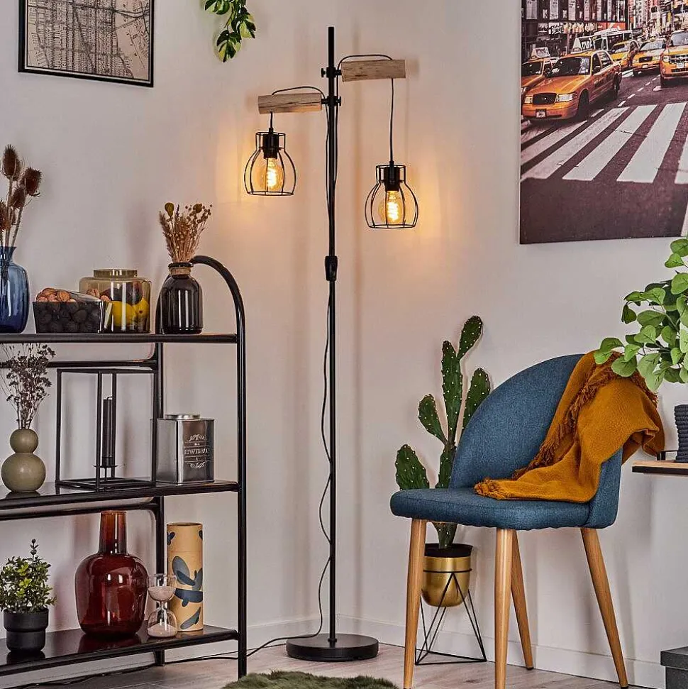 Lampadaire Gondo Bois Clair, Noir, 2 Lumieres