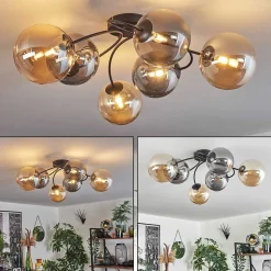 Plafonnier - Verre Chehalis Ambre, Fume, 6 Lumieres