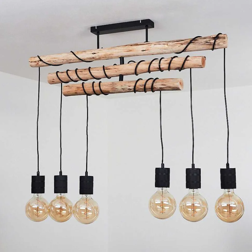 Plafonnier Ajaccio Bois Clair, Noir, 6 Lumieres