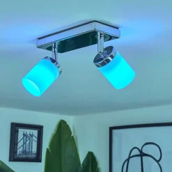 Plafonnier Idual Citrine Led Chrome, 2 Lumieres, Telecommandes, Changeur De Couleurs