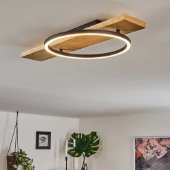 Plafonnier Pompu Led Bois Clair, Noir, 1 Lumiere