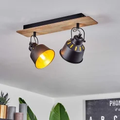Plafonnier Safari Chrome, Bois Clair, Noir, 2 Lumieres