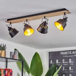 Plafonnier Safari Chrome, Bois Clair, Noir, 4 Lumieres