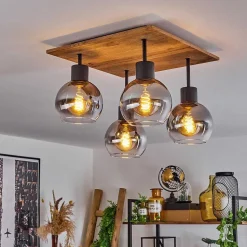 Plafonnier Vouhet Brun, Couleur Bois, Noir, 4 Lumieres