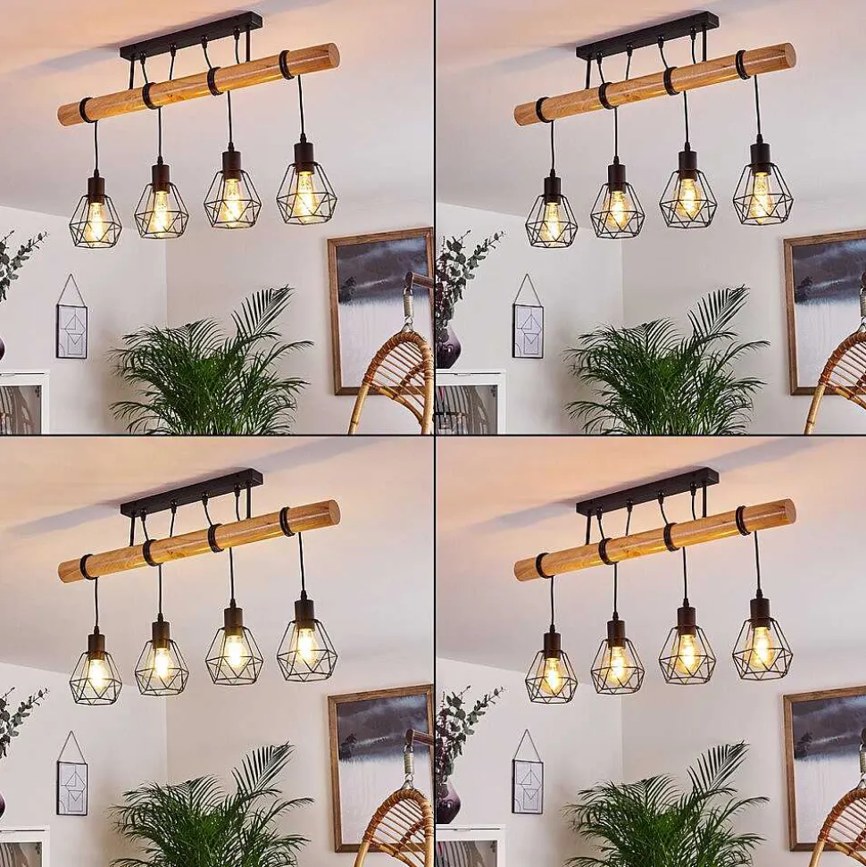 Plafonnier Yaak Bois Clair, Noir, 4 Lumieres