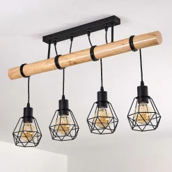 Plafonnier Yaak Bois Clair, Noir, 4 Lumieres