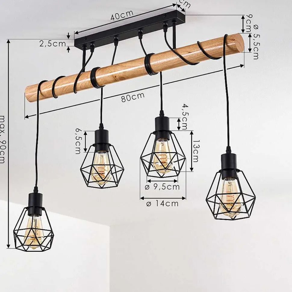 Plafonnier Yaak Bois Clair, Noir, 4 Lumieres