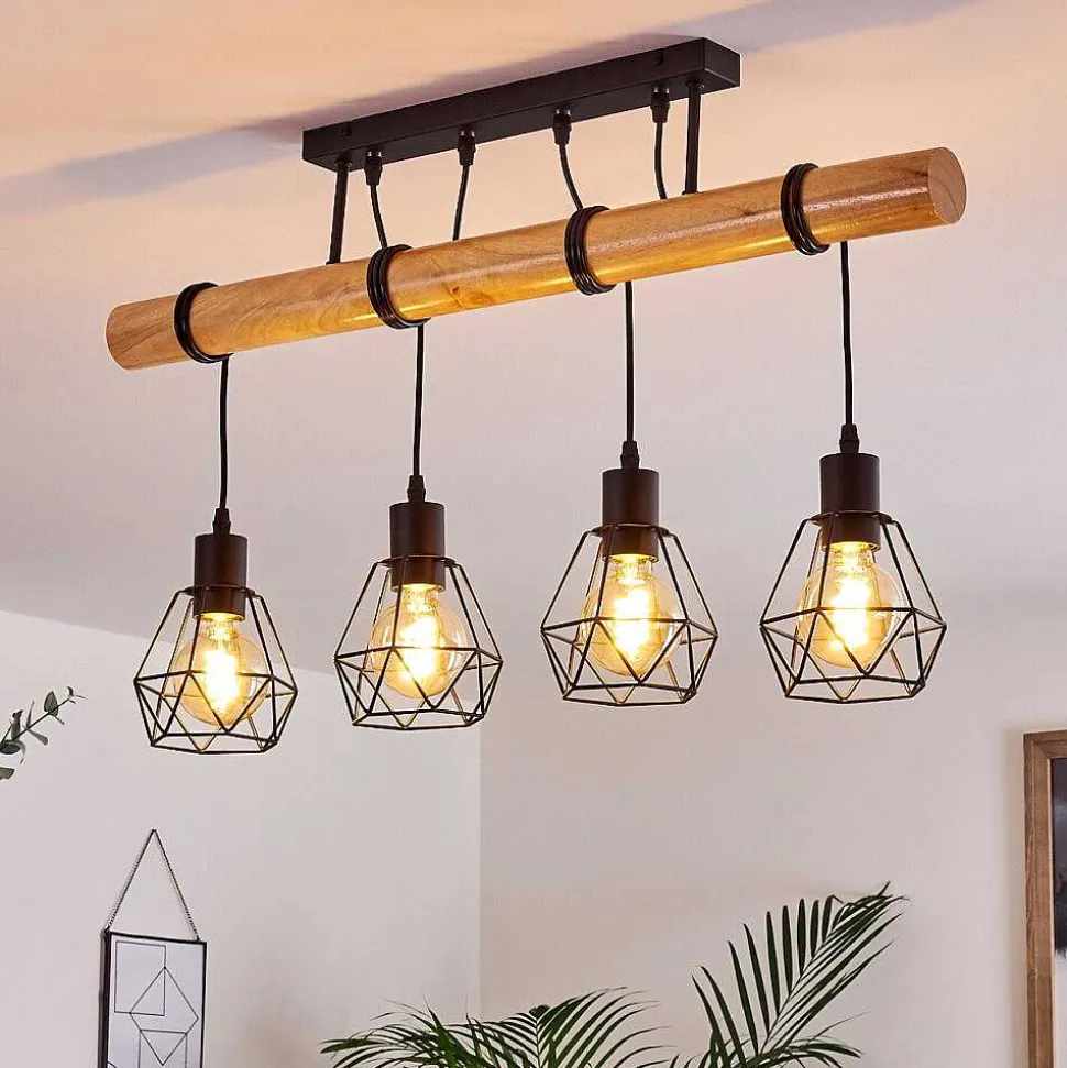 Plafonnier Yaak Bois Clair, Noir, 4 Lumieres