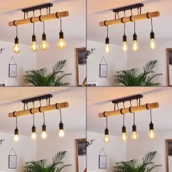 Plafonnier Yaak Bois Clair, Noir, 4 Lumieres