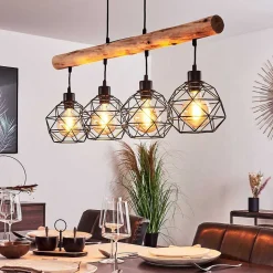 Suspension Bacabal Bois Clair, Noir, 4 Lumieres