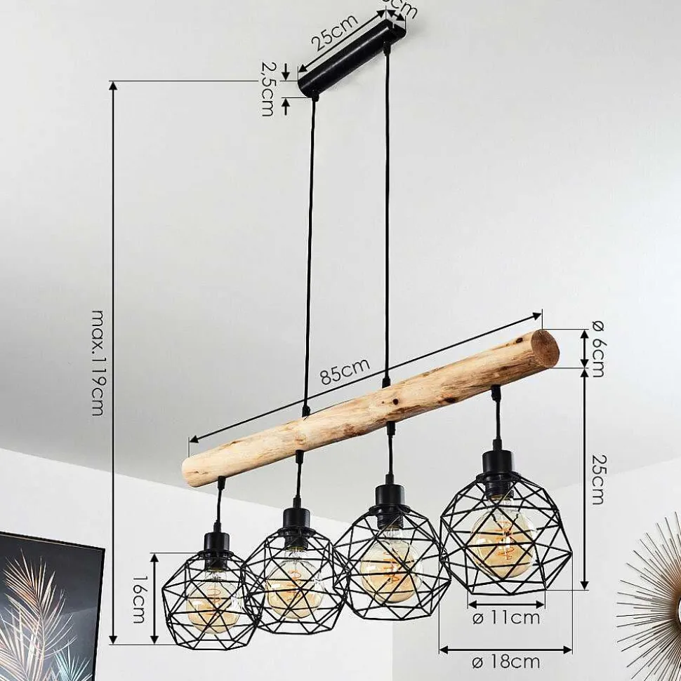 Suspension Bacabal Bois Clair, Noir, 4 Lumieres