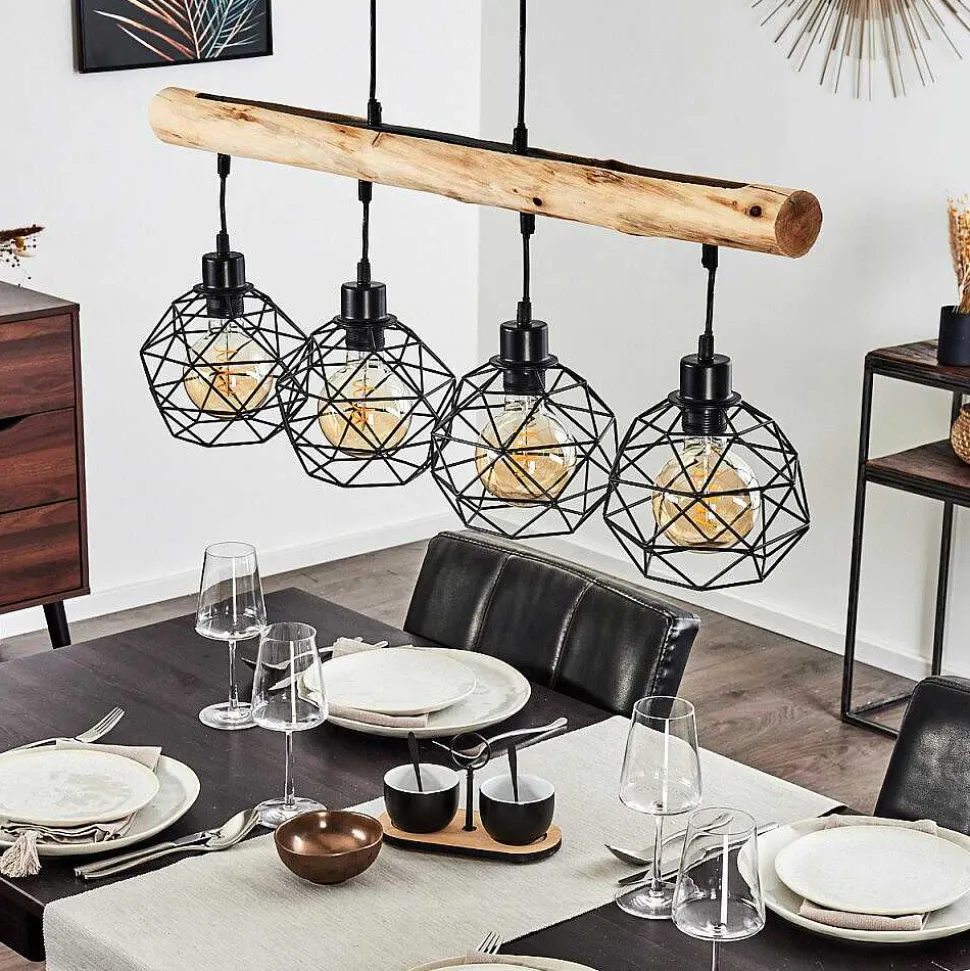 Suspension Bacabal Bois Clair, Noir, 4 Lumieres