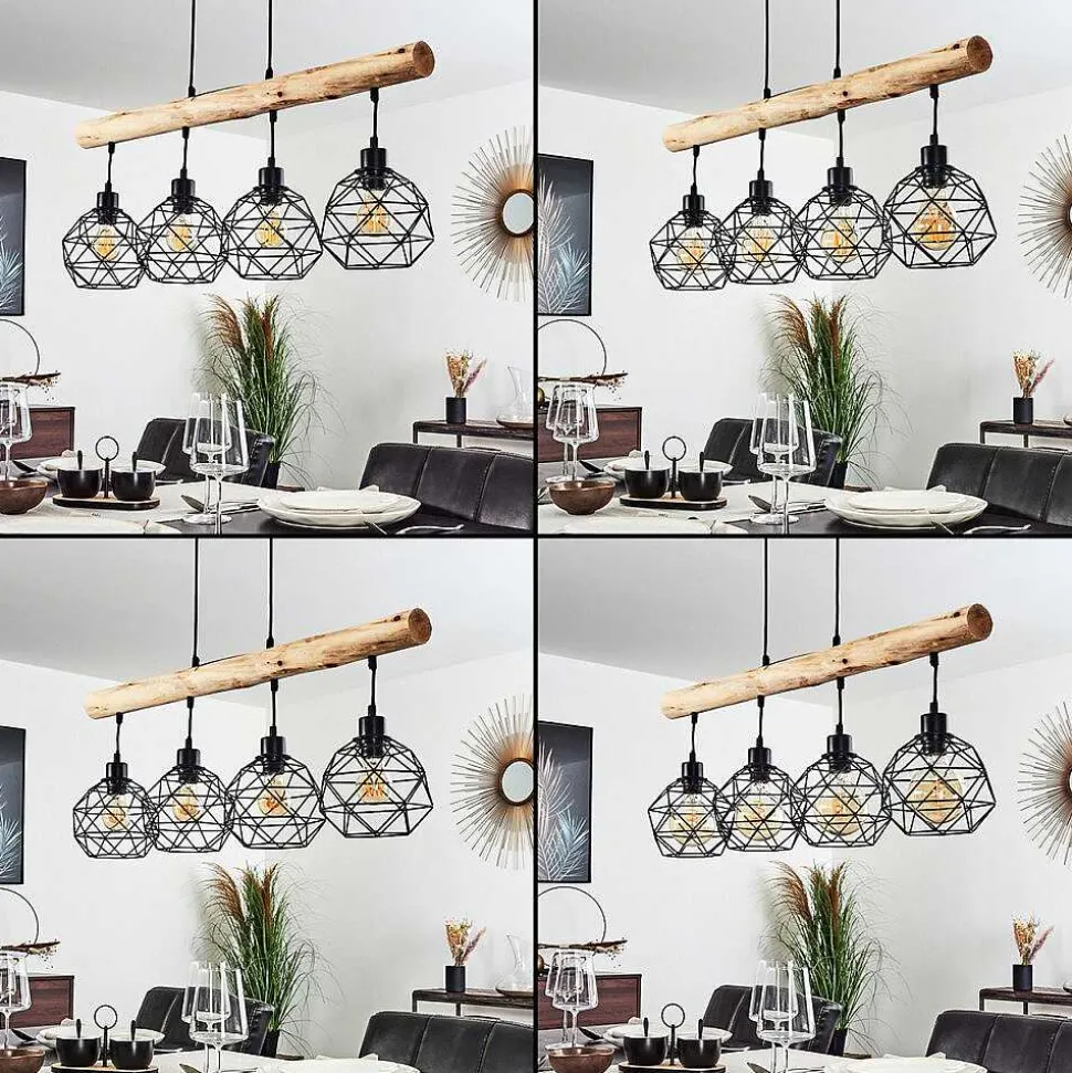 Suspension Bacabal Bois Clair, Noir, 4 Lumieres