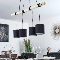 Suspension Betsele Bois Clair, Noir, 4 Lumieres