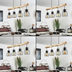 Suspension Gondo Bois Clair, Noir, 4 Lumieres