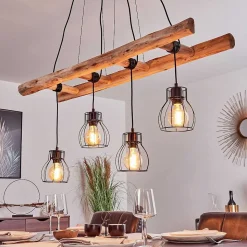 Suspension Gondo Bois Clair, Noir, 4 Lumieres