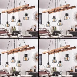 Suspension Gondo Bois Clair, Noir, 4 Lumieres