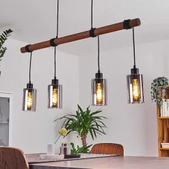 Suspension Hunouri Bois Fonce, Noir, 4 Lumieres