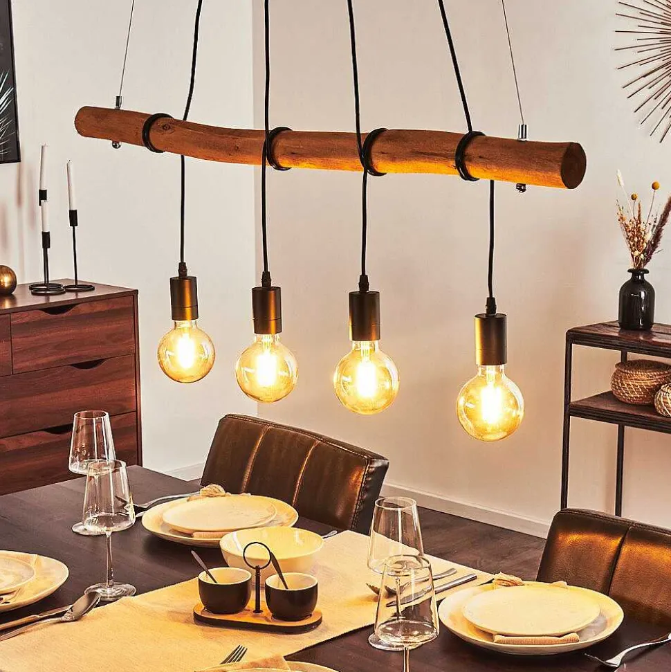 Suspension Seegaard Bois Clair, Noir, 4 Lumieres