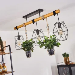 Suspension Taheramo Bois Clair, Noir, 3 Lumieres