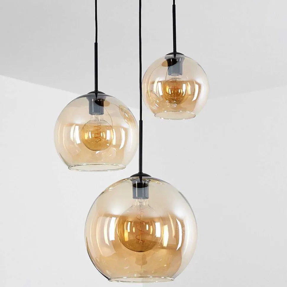 Suspension Verre 20 Cm, 25 Cm, 30Cm Koyoto Ambre, 3 Lumieres