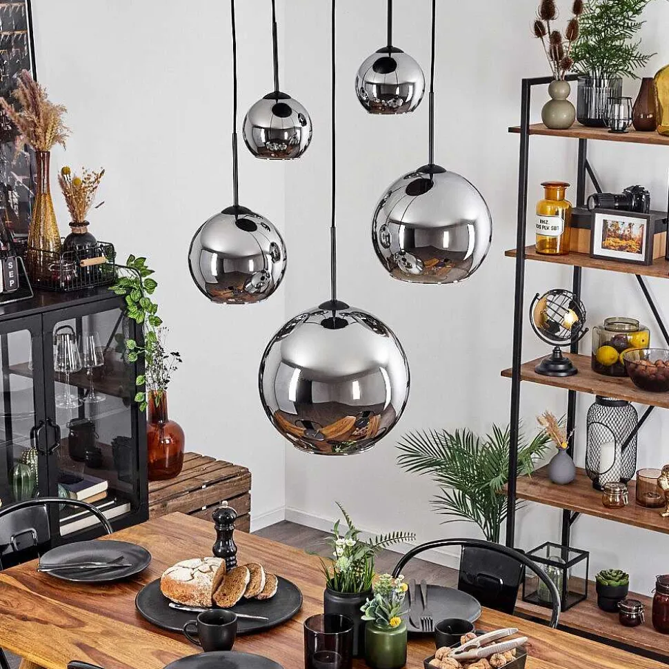 Suspension Verre 15 Cm, 20 Cm, 25 Cm, 30Cm Koyoto Chrome, Fume, 5 Lumieres