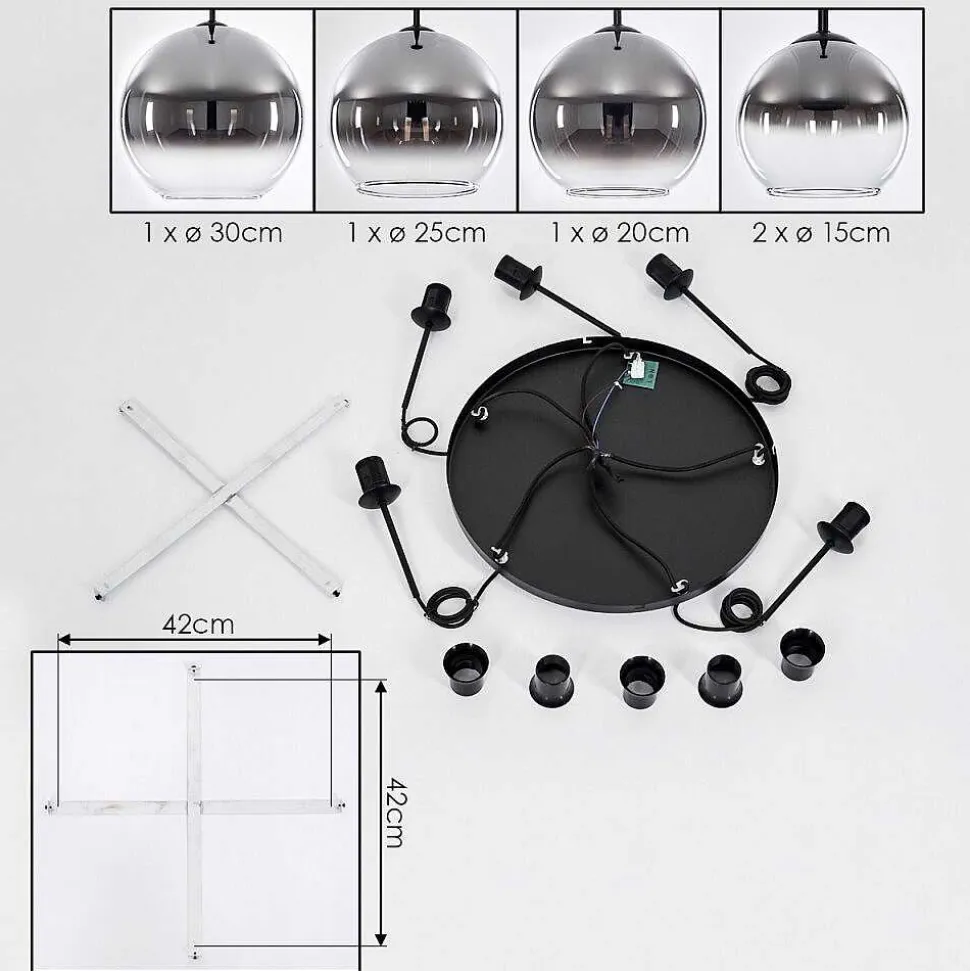 Suspension Verre 15 Cm, 20 Cm, 25 Cm, 30Cm Koyoto Chrome, Clair, Fume, 5 Lumieres