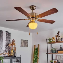 Ventilateur De Plafond Apiao Brun, Brun Clair, Couleur Bois, Argente, 1 Lumiere