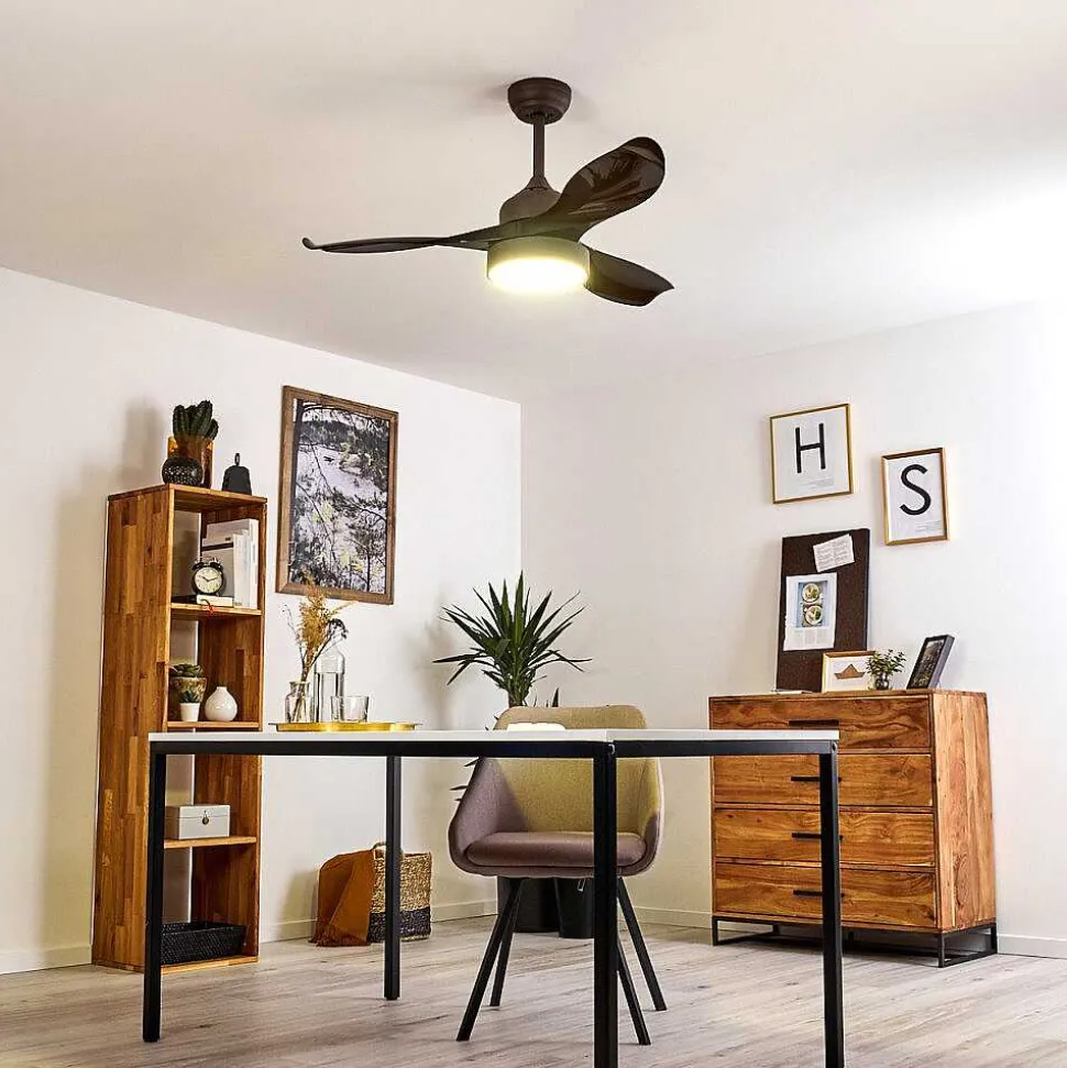 Ventilateur De Plafond Doha Led Brun, 1 Lumiere, Telecommandes