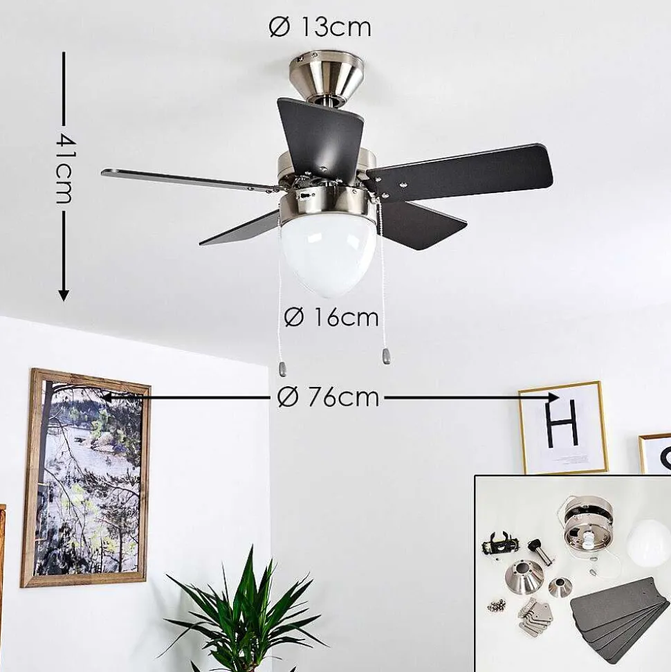 Ventilateur De Plafond Ellmau Chrome, Gris, Blanc, 1 Lumiere