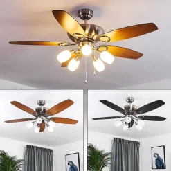 Ventilateur De Plafond Irving Chrome, Gris, Bois Clair, 5 Lumieres