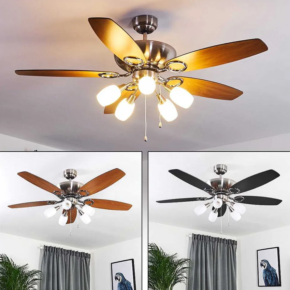 Ventilateur De Plafond Irving Chrome, Gris, Bois Clair, 5 Lumieres
