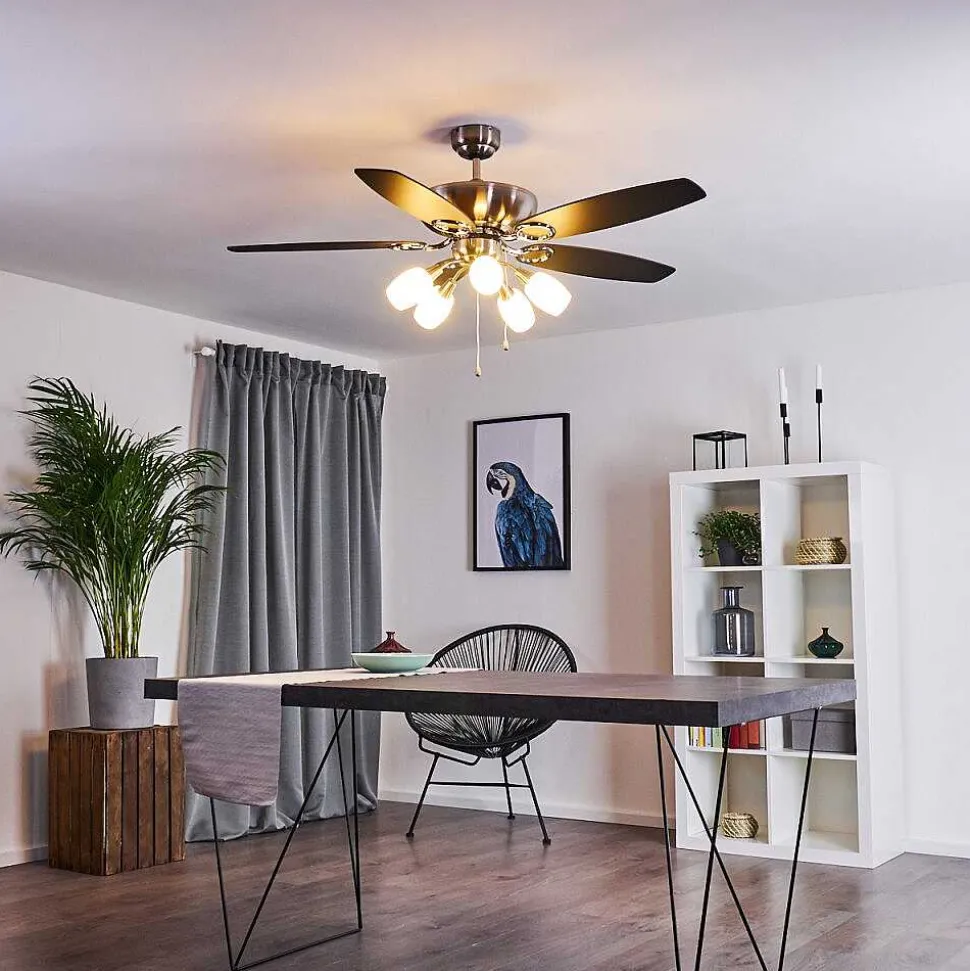Ventilateur De Plafond Irving Chrome, Gris, Bois Clair, 5 Lumieres
