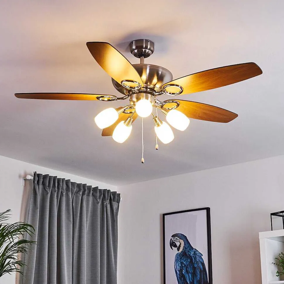Ventilateur De Plafond Irving Chrome, Gris, Bois Clair, 5 Lumieres