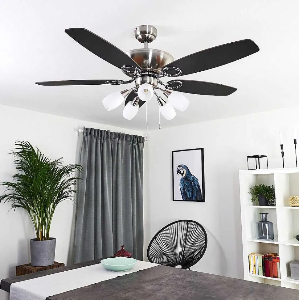 Ventilateur De Plafond Irving Chrome, Gris, Bois Clair, 5 Lumieres