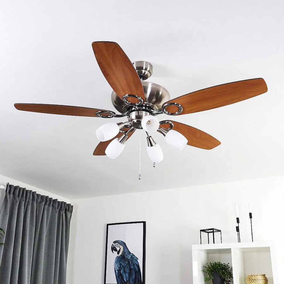 Ventilateur De Plafond Irving Chrome, Gris, Bois Clair, 5 Lumieres