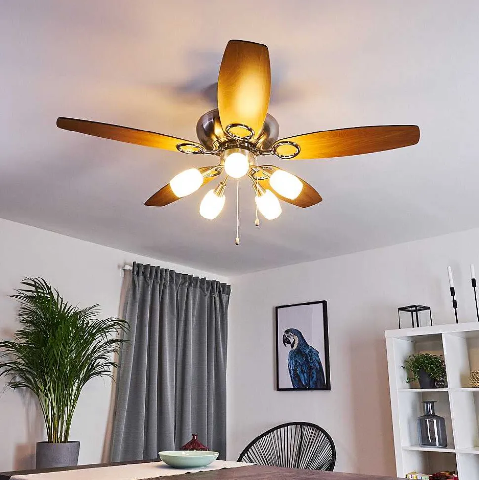 Ventilateur De Plafond Irving Chrome, Gris, Bois Clair, 5 Lumieres