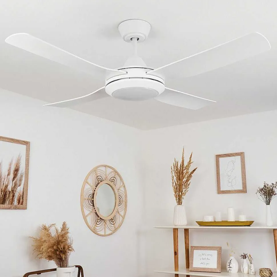 Ventilateur De Plafond Tjerne Led Blanc, 1 Lumiere, Telecommandes