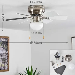 Ventilateur De Plafond Trillo Gris, Nickel Mat, Blanc, 1 Lumiere