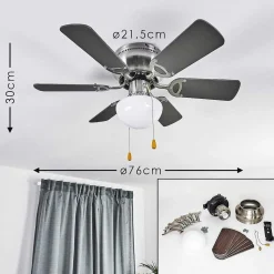 Ventilateur De Plafond Trillo Gris, Bois Clair, Nickel Mat, 1 Lumiere