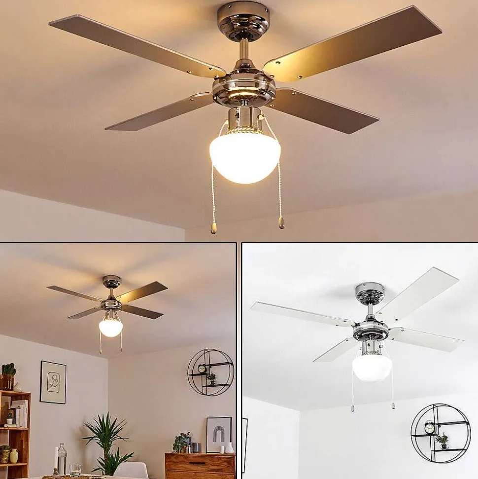 Ventilateur De Plafond Valletta Chrome, Argente, Blanc, 1 Lumiere