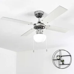 Ventilateur De Plafond Valletta Chrome, Argente, Blanc, 1 Lumiere