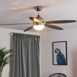 Ventilateur De Plafond Valeria Chrome, Bois Clair, Nickel Mat, 1 Lumiere