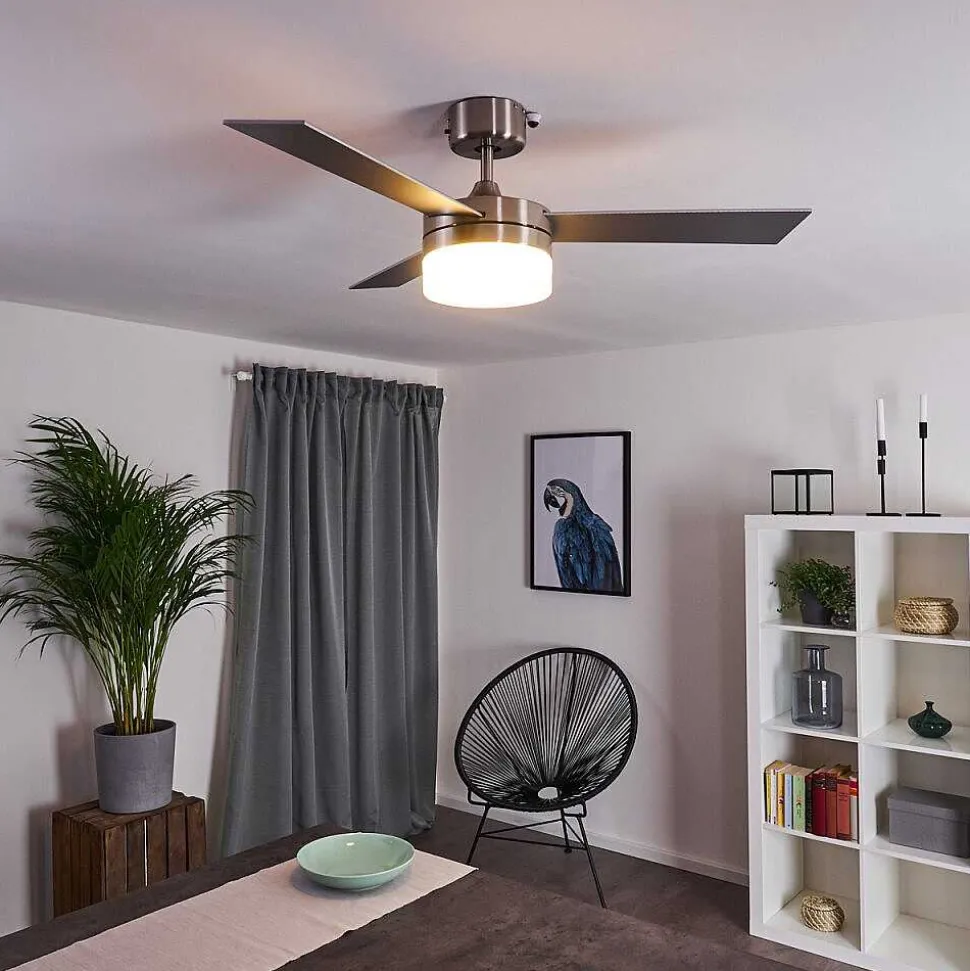Ventilateur De Plafond Vevey Bois Clair, Nickel Mat, Argente, 2 Lumieres, Telecommandes